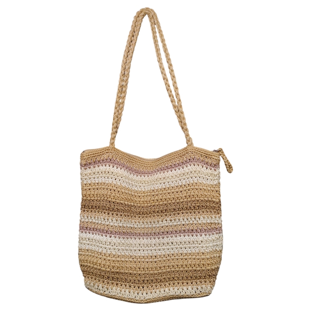 The Sak Beige Tan Pink Striped Knit Crochet Large Boho Tote Bag Handbag Purse - Picture 2 of 8